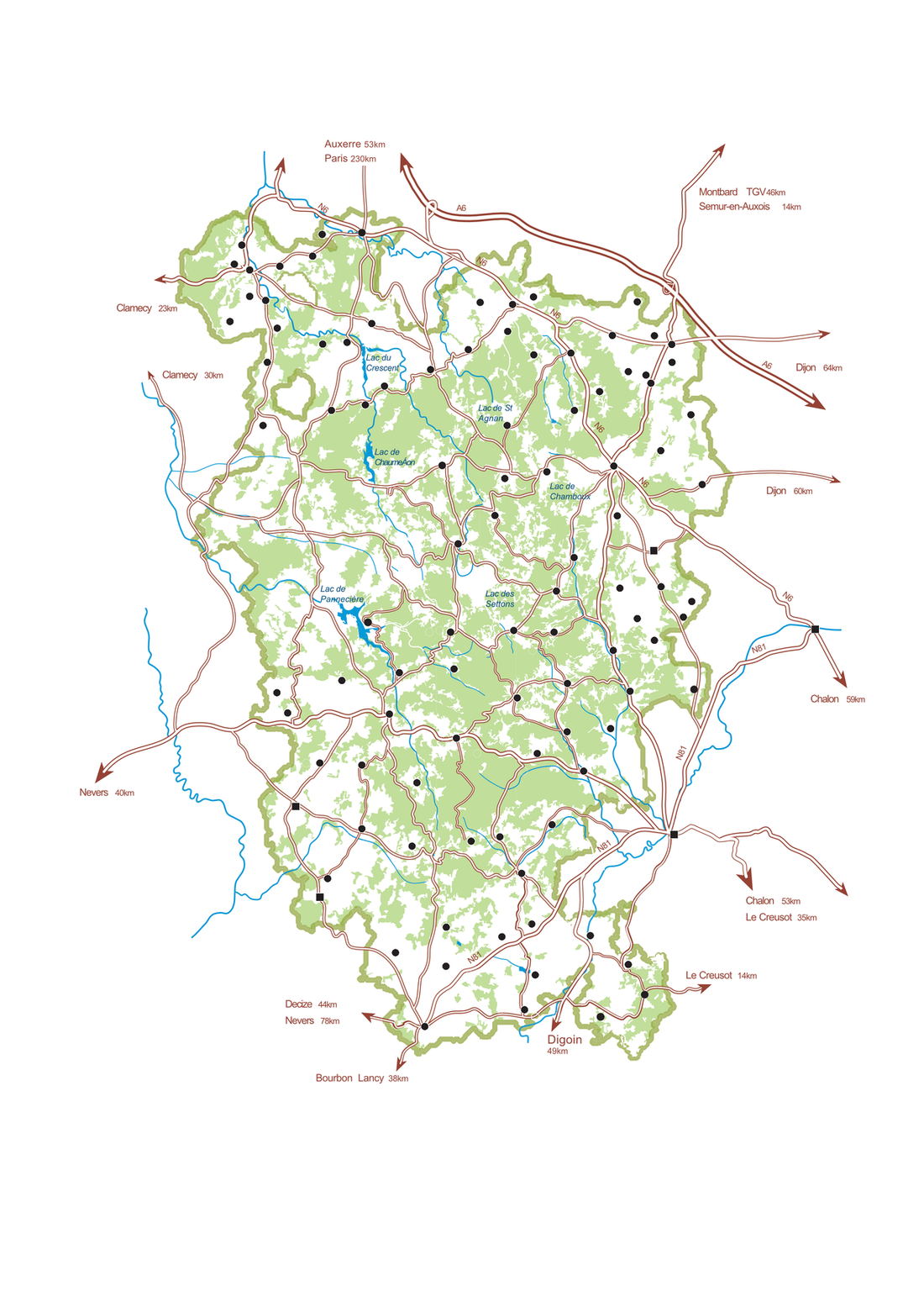 Carte des lacs et routes du Morvan